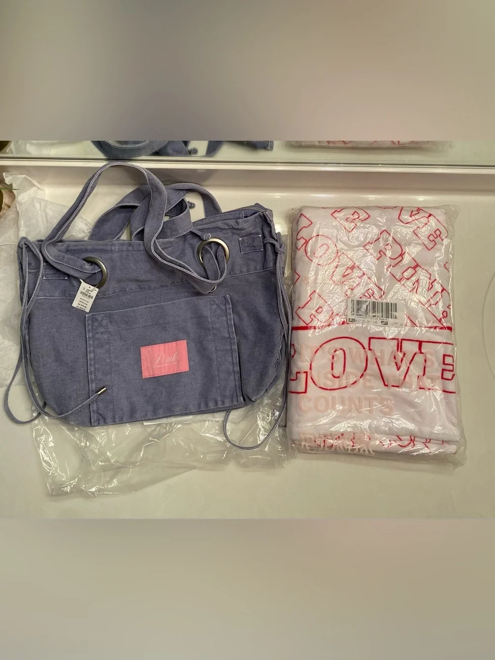 PINK Victoria's Secret Denim Flat Bottom Tote Bag with Pink Logo Towel